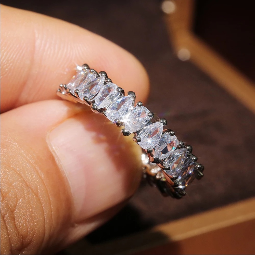 New Pear Cut Silver Diamond Wedding Ring Band